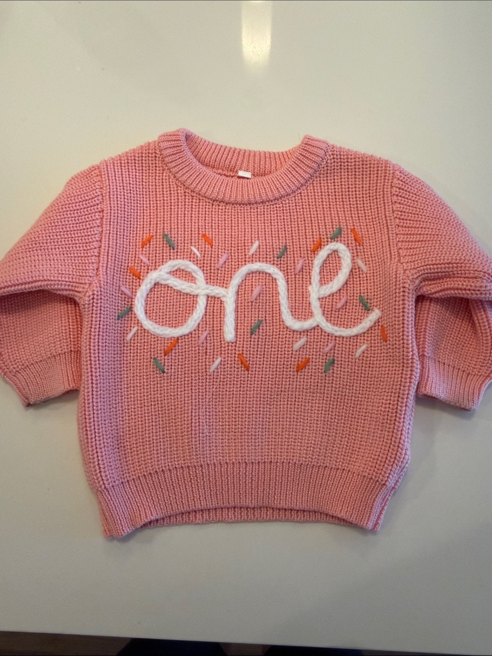 Pink 'one' Embroidered Knit Sweater